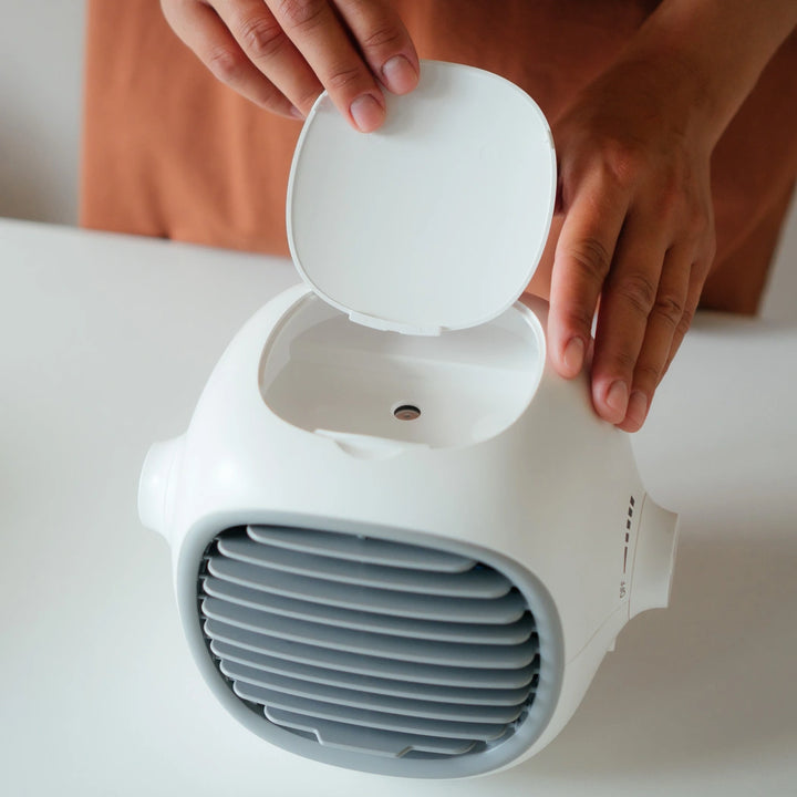 Person placing a portable air cooler on a table